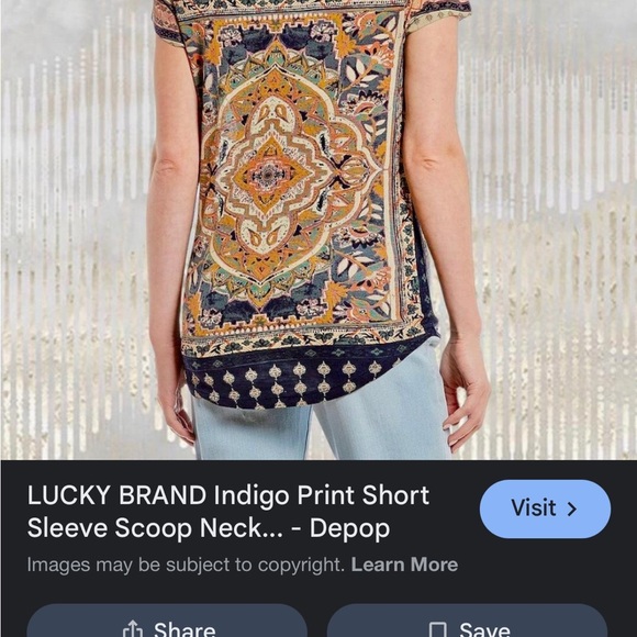Lucky brand, indigo print, bohemian Mandala swoop neck, short sleeve blouse - Picture 3 of 6